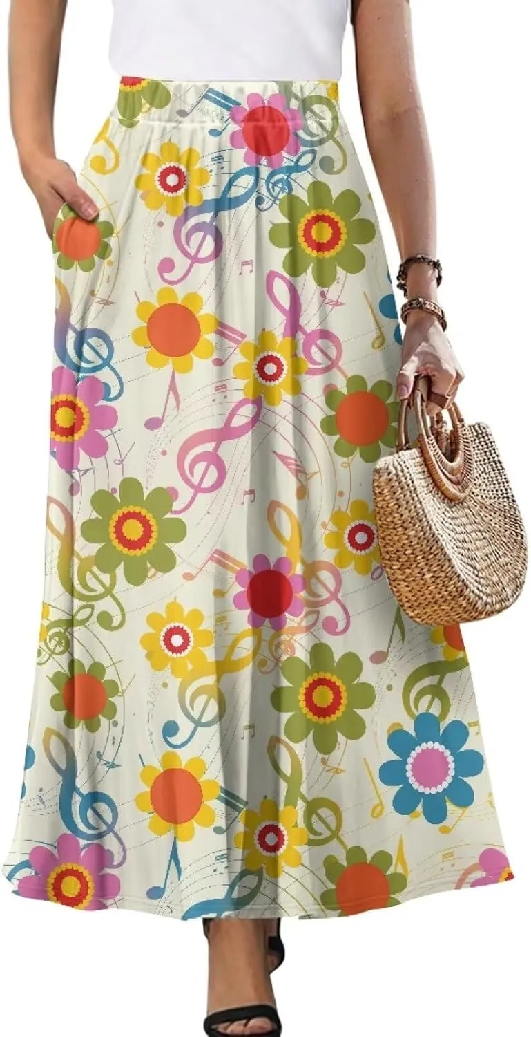 Women's Flowy Midi Length Skirts with 2 Pockets Fall Casual Pleated Maxi Skirt Soft Swing A-Line Boho Flora Long Skirt S-XXL