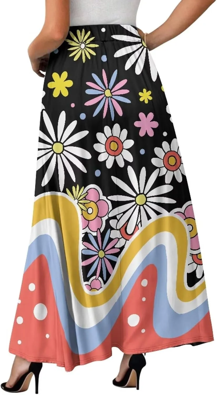 Women's Flowy Midi Length Skirts with 2 Pockets Fall Casual Pleated Maxi Skirt Soft Swing A-Line Boho Flora Long Skirt S-XXL