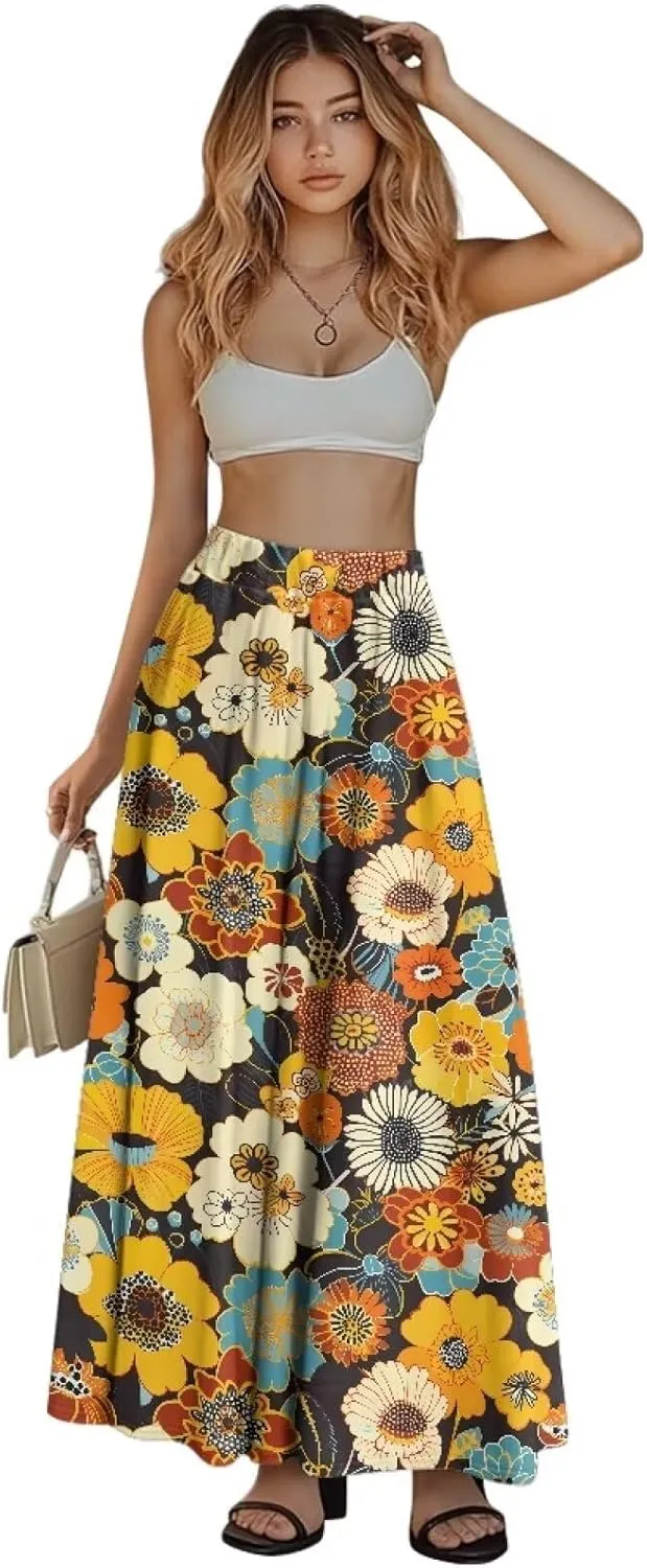 Women's Flowy Midi Length Skirts with 2 Pockets Fall Casual Pleated Maxi Skirt Soft Swing A-Line Boho Flora Long Skirt S-XXL
