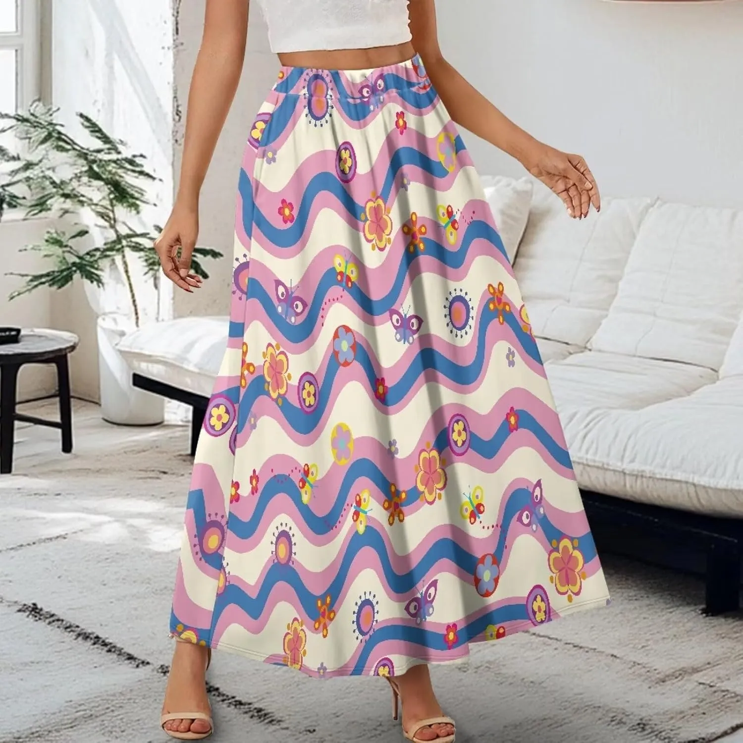 Women's Flowy Midi Length Skirts with 2 Pockets Fall Casual Pleated Maxi Skirt Soft Swing A-Line Boho Flora Long Skirt S-XXL