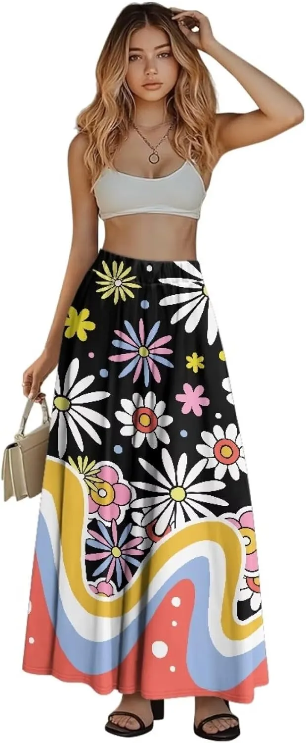 Women's Flowy Midi Length Skirts with 2 Pockets Fall Casual Pleated Maxi Skirt Soft Swing A-Line Boho Flora Long Skirt S-XXL