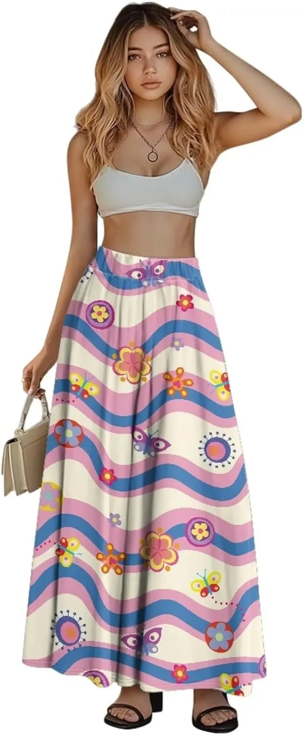 Women's Flowy Midi Length Skirts with 2 Pockets Fall Casual Pleated Maxi Skirt Soft Swing A-Line Boho Flora Long Skirt S-XXL