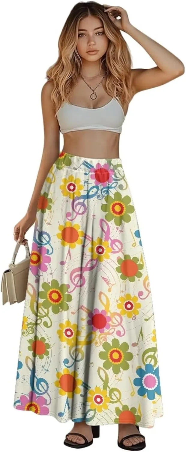 Women's Flowy Midi Length Skirts with 2 Pockets Fall Casual Pleated Maxi Skirt Soft Swing A-Line Boho Flora Long Skirt S-XXL
