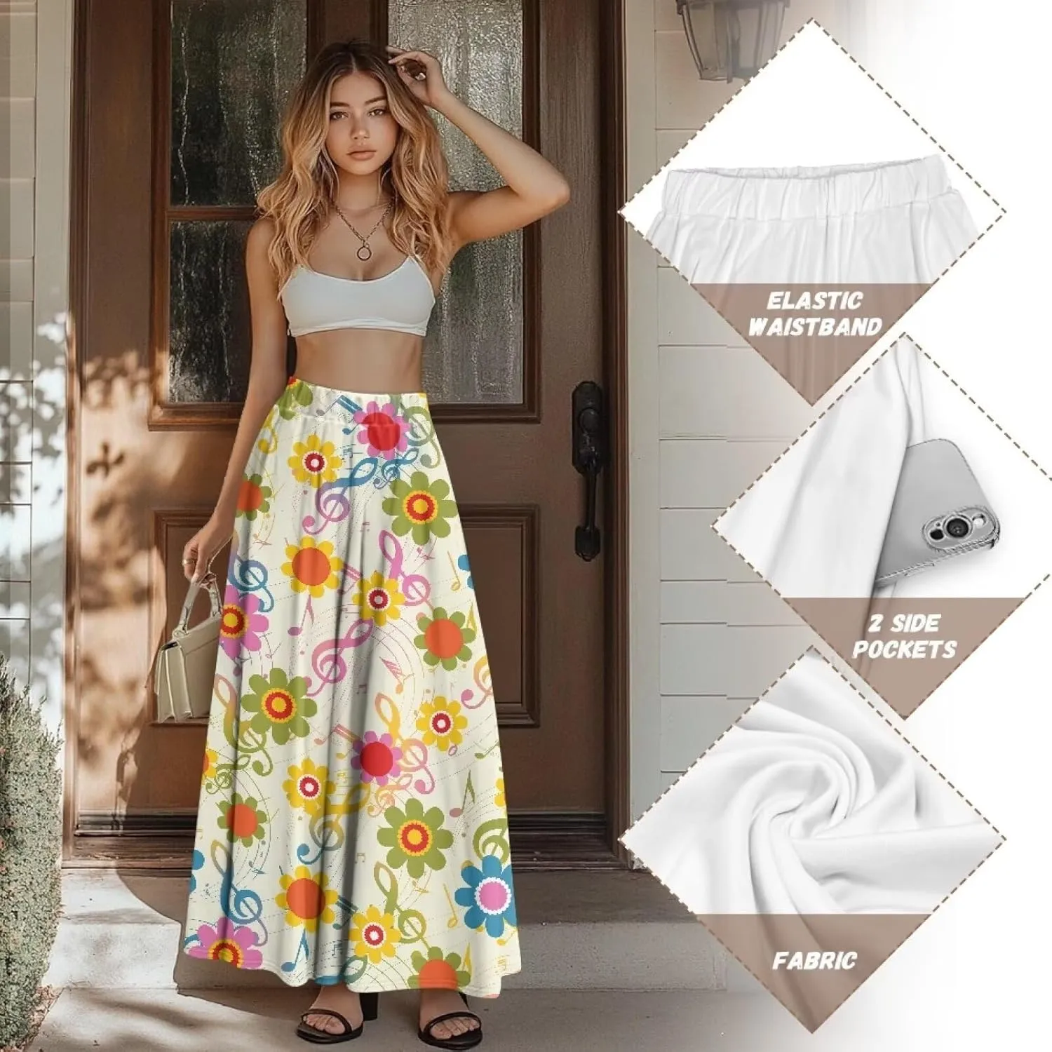Women's Flowy Midi Length Skirts with 2 Pockets Fall Casual Pleated Maxi Skirt Soft Swing A-Line Boho Flora Long Skirt S-XXL