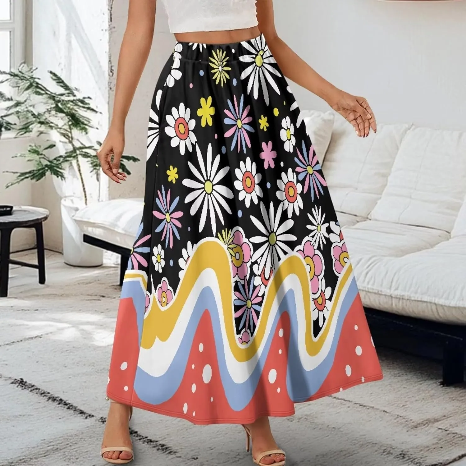 Women's Flowy Midi Length Skirts with 2 Pockets Fall Casual Pleated Maxi Skirt Soft Swing A-Line Boho Flora Long Skirt S-XXL