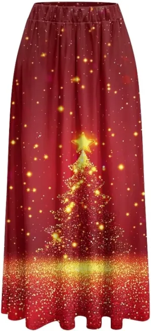 Women's Flowy Midi Length Skirts with 2 Pockets Fall Casual Pleated Maxi Skirt Soft Swing A-Line Boho Flora Long Skirt S-XXL