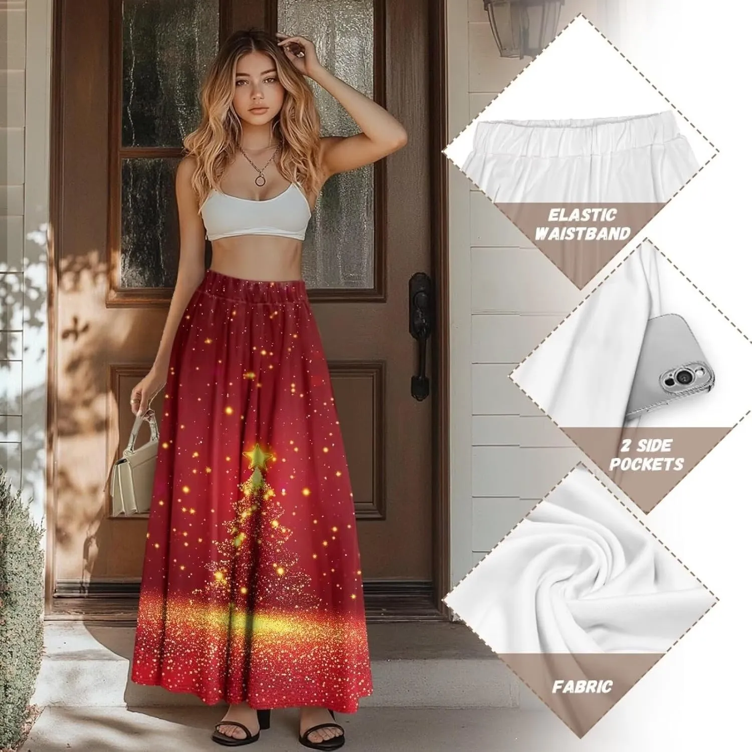Women's Flowy Midi Length Skirts with 2 Pockets Fall Casual Pleated Maxi Skirt Soft Swing A-Line Boho Flora Long Skirt S-XXL