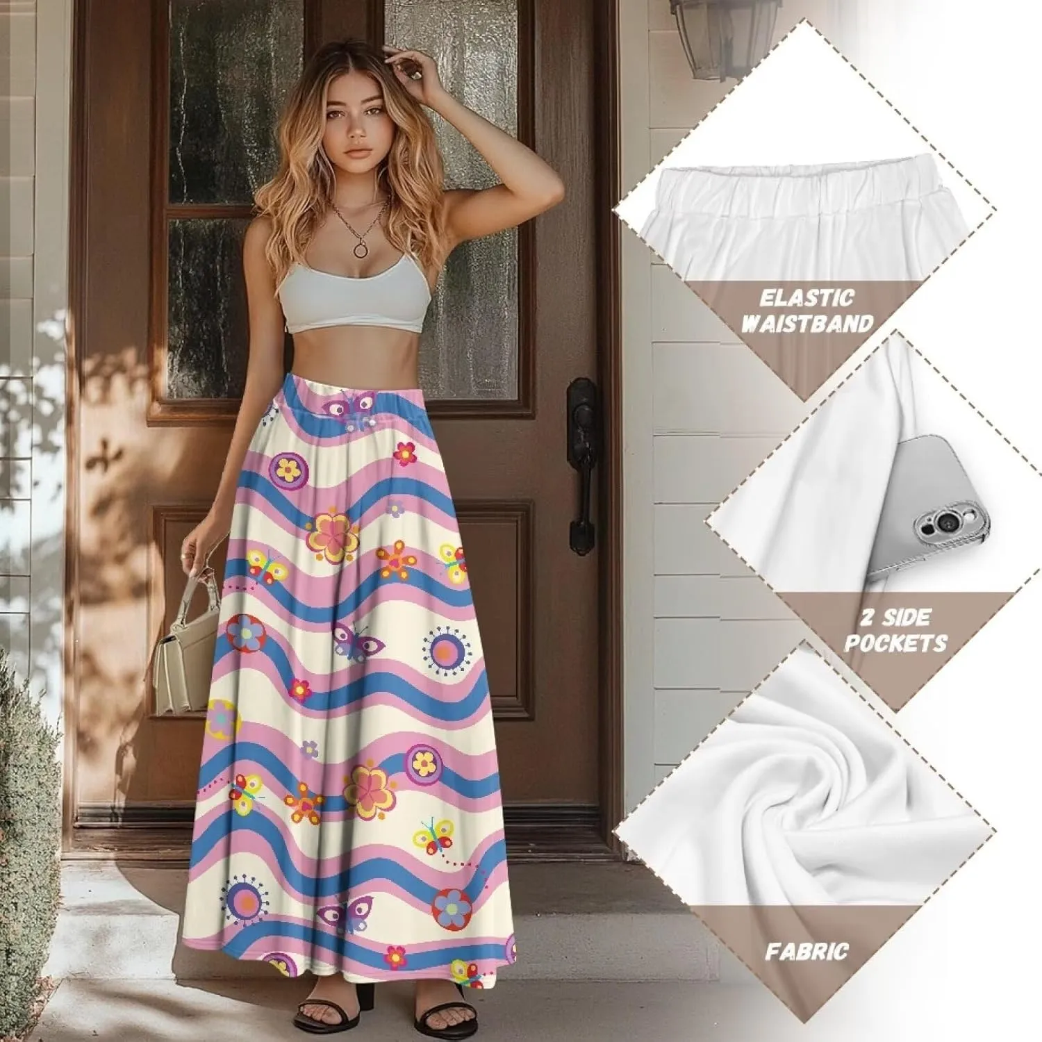 Women's Flowy Midi Length Skirts with 2 Pockets Fall Casual Pleated Maxi Skirt Soft Swing A-Line Boho Flora Long Skirt S-XXL