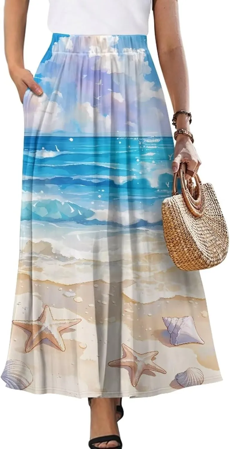 Women's Flowy Midi Skirts with Pockets Casual Pleated Elastic High Waistband Maxi Skirts Soft Swing A-Line Boho Long Skirt