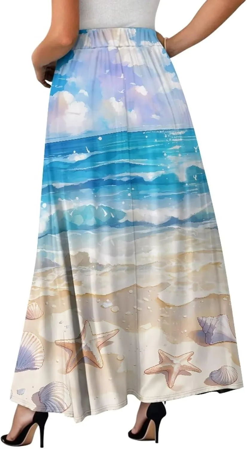 Women's Flowy Midi Skirts with Pockets Casual Pleated Elastic High Waistband Maxi Skirts Soft Swing A-Line Boho Long Skirt