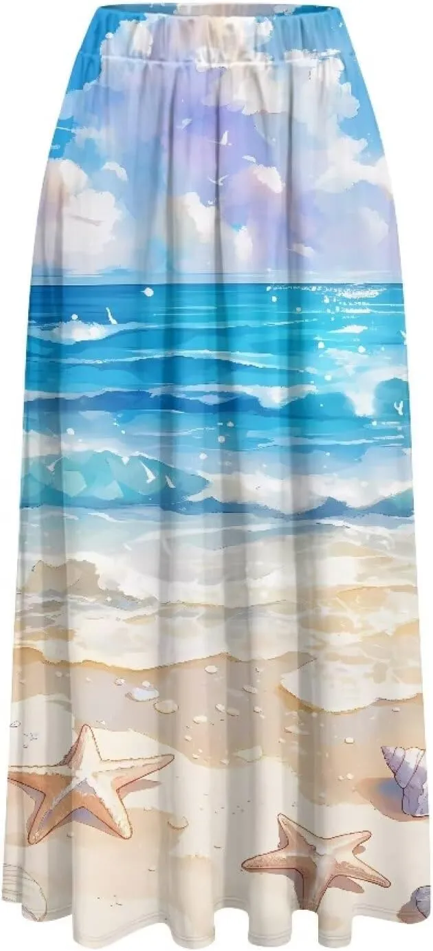 Women's Flowy Midi Skirts with Pockets Casual Pleated Elastic High Waistband Maxi Skirts Soft Swing A-Line Boho Long Skirt