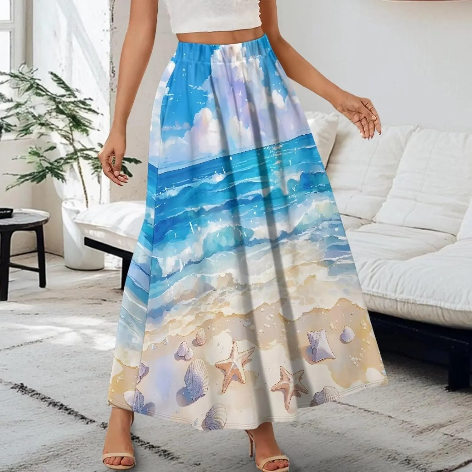 Women's Flowy Midi Skirts with Pockets Casual Pleated Elastic High Waistband Maxi Skirts Soft Swing A-Line Boho Long Skirt