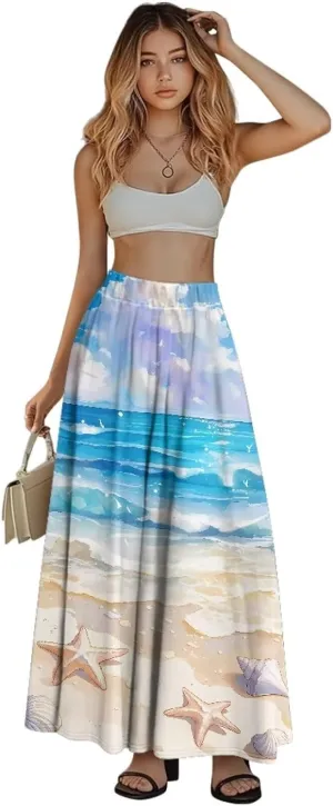Women's Flowy Midi Skirts with Pockets Casual Pleated Elastic High Waistband Maxi Skirts Soft Swing A-Line Boho Long Skirt