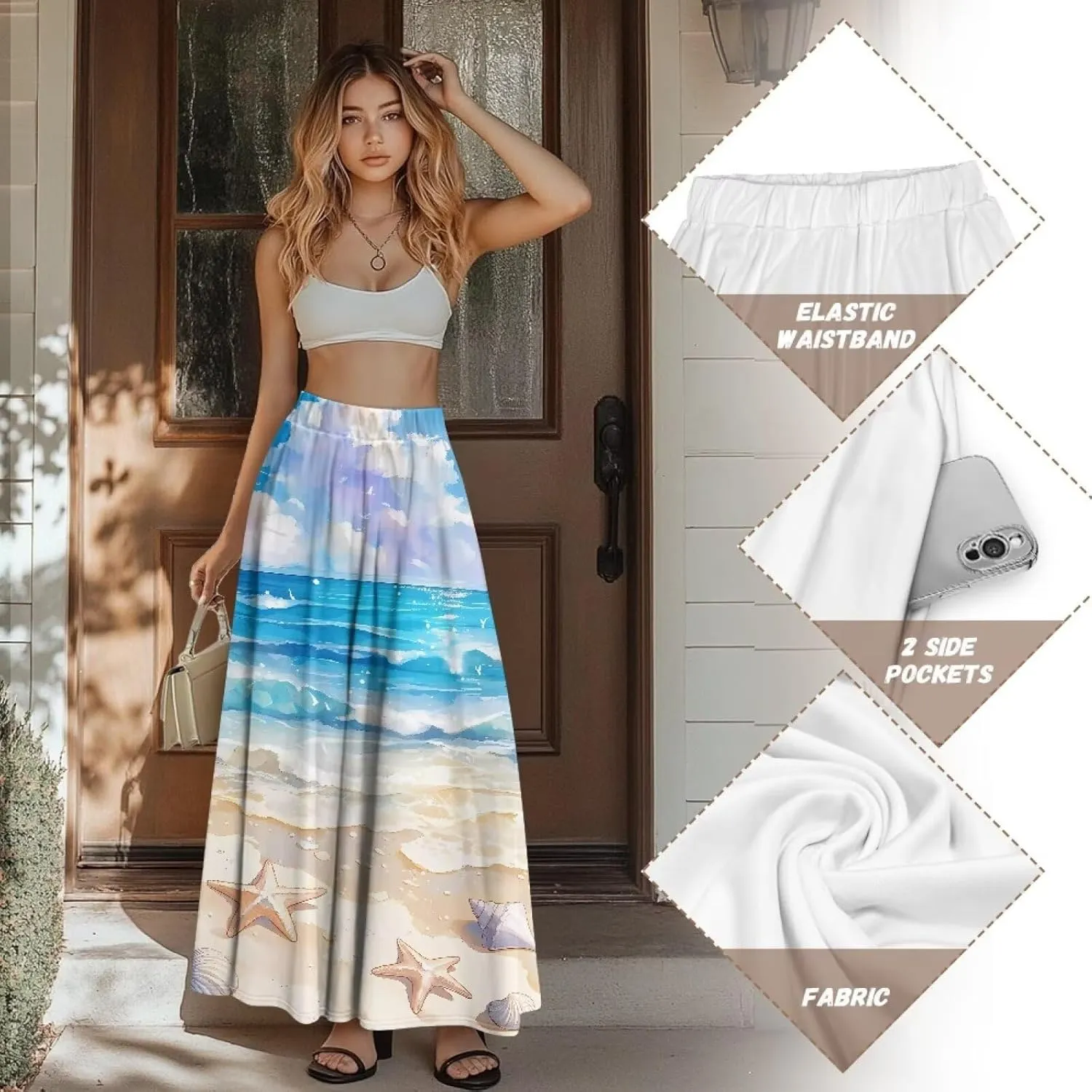 Women's Flowy Midi Skirts with Pockets Casual Pleated Elastic High Waistband Maxi Skirts Soft Swing A-Line Boho Long Skirt