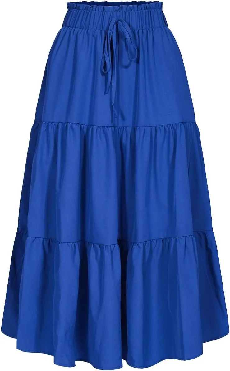 Women's High Elastic Waist Midi Skirt Casual Summer Trendy Tie Front Flowy Ruffle Floral Print A line Skirts 626