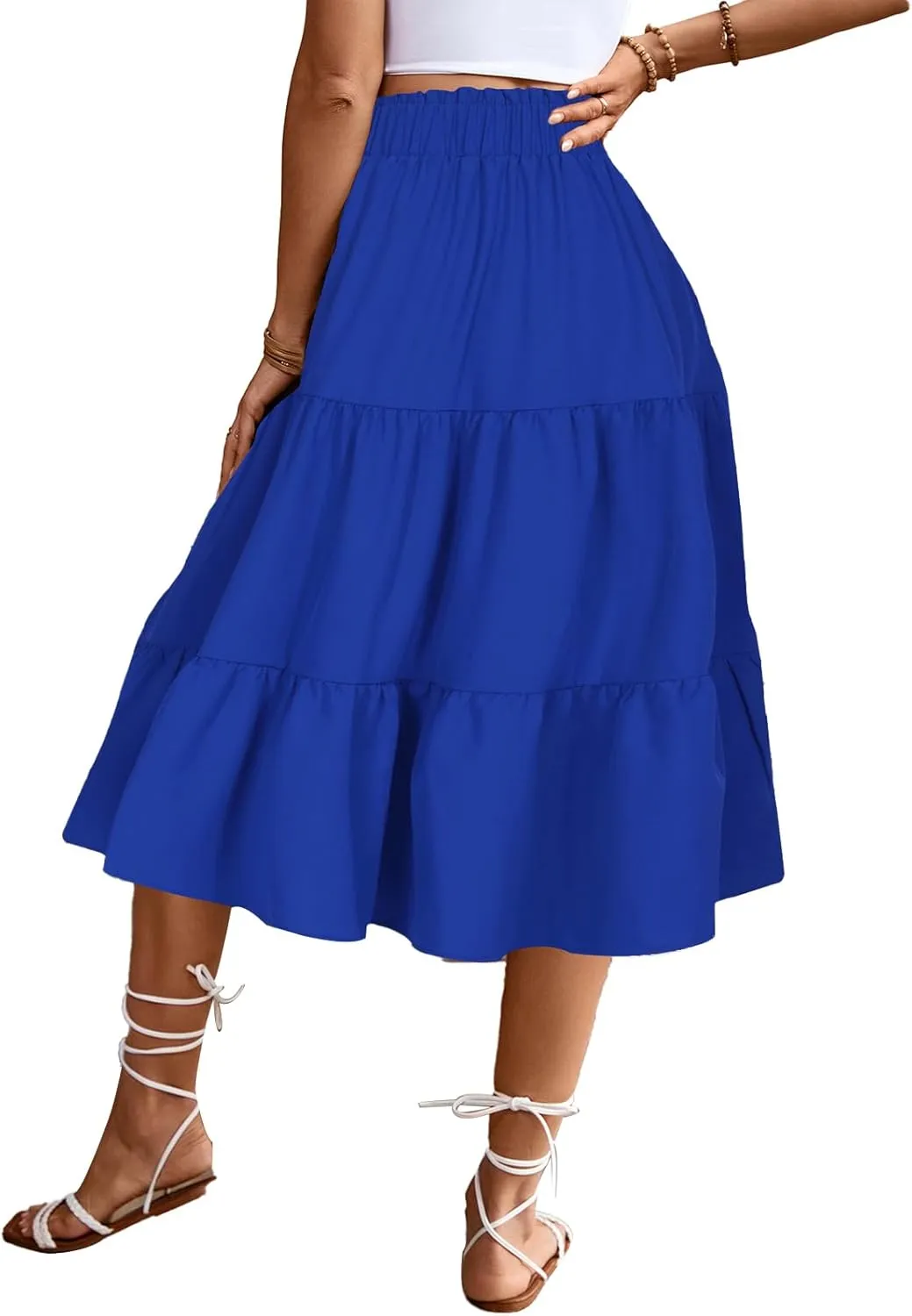 Women's High Elastic Waist Midi Skirt Casual Summer Trendy Tie Front Flowy Ruffle Floral Print A line Skirts 626