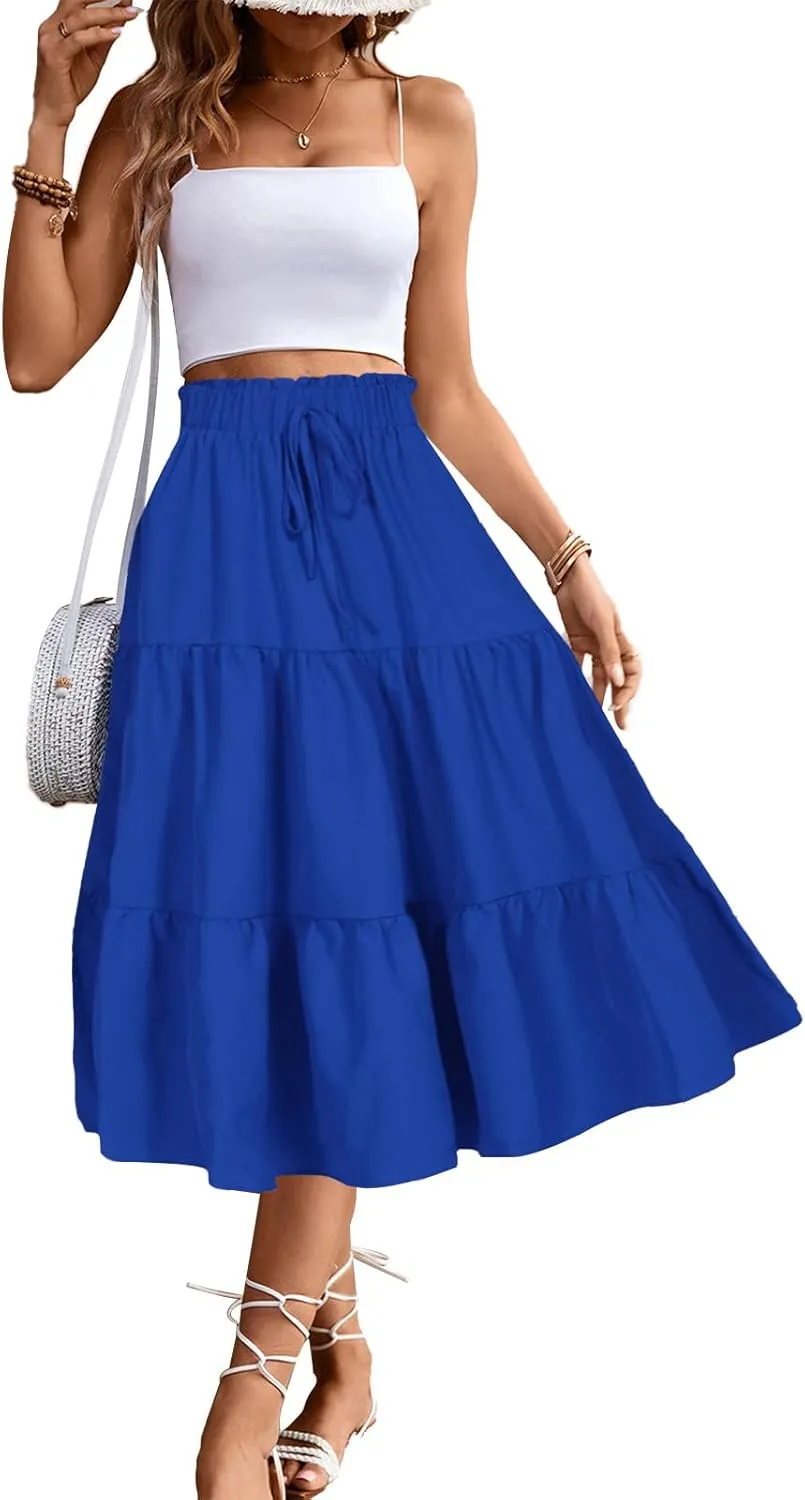 Women's High Elastic Waist Midi Skirt Casual Summer Trendy Tie Front Flowy Ruffle Floral Print A line Skirts 626