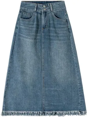 Women's High Waisted 5-Pocket Classic Denim Skirt Sexy Back Slit A-Line Washed Midi Jeans Skirt