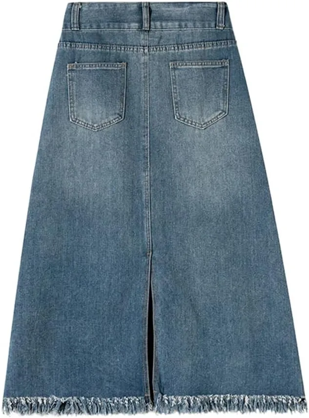 Women's High Waisted 5-Pocket Classic Denim Skirt Sexy Back Slit A-Line Washed Midi Jeans Skirt