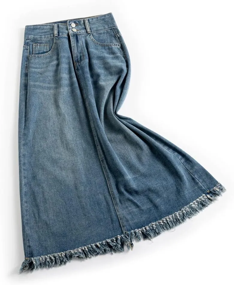 Women's High Waisted 5-Pocket Classic Denim Skirt Sexy Back Slit A-Line Washed Midi Jeans Skirt