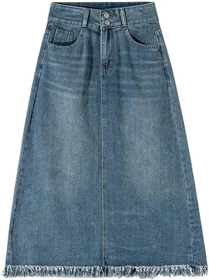 Women's High Waisted 5-Pocket Classic Denim Skirt Sexy Back Slit A-Line Washed Midi Jeans Skirt
