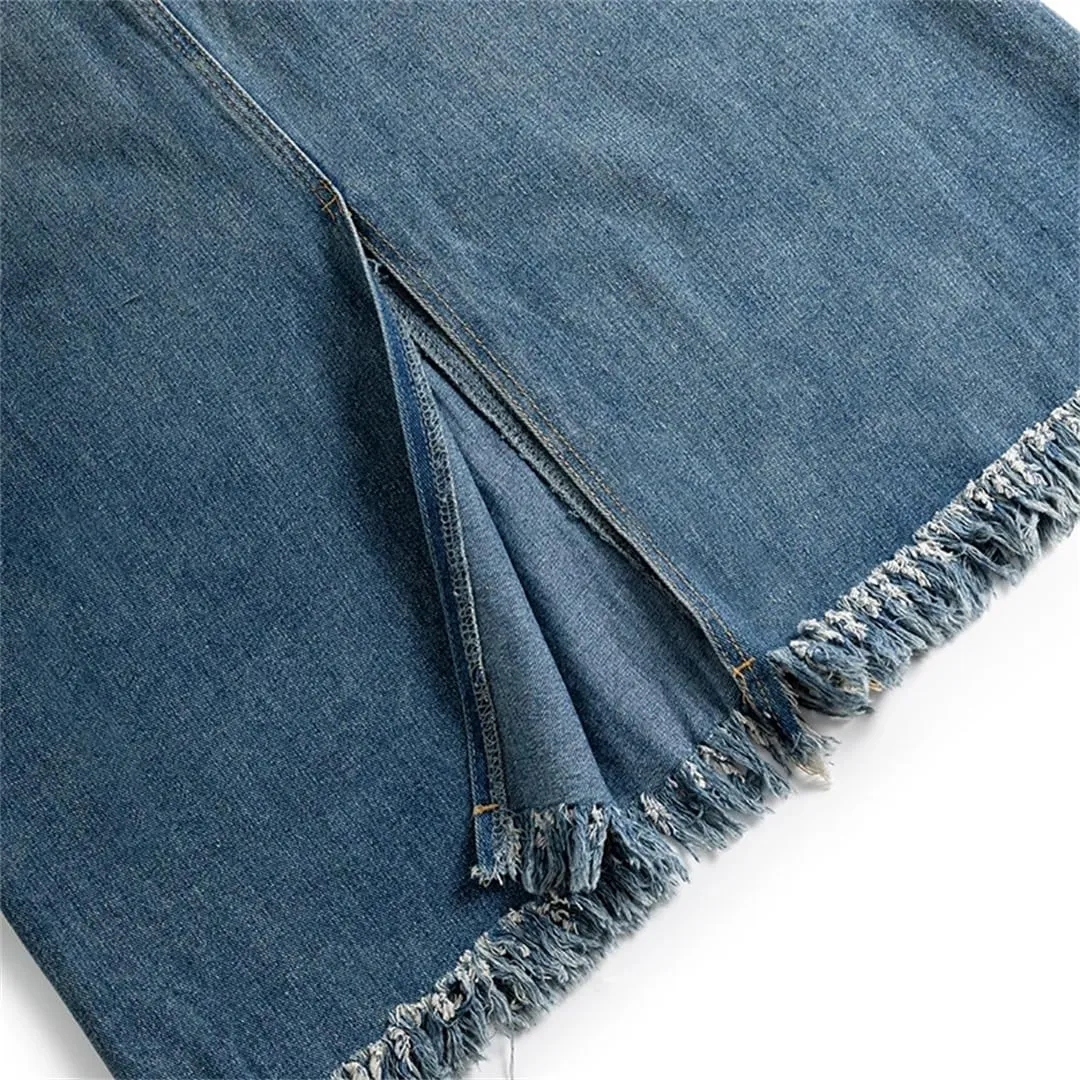 Women's High Waisted 5-Pocket Classic Denim Skirt Sexy Back Slit A-Line Washed Midi Jeans Skirt