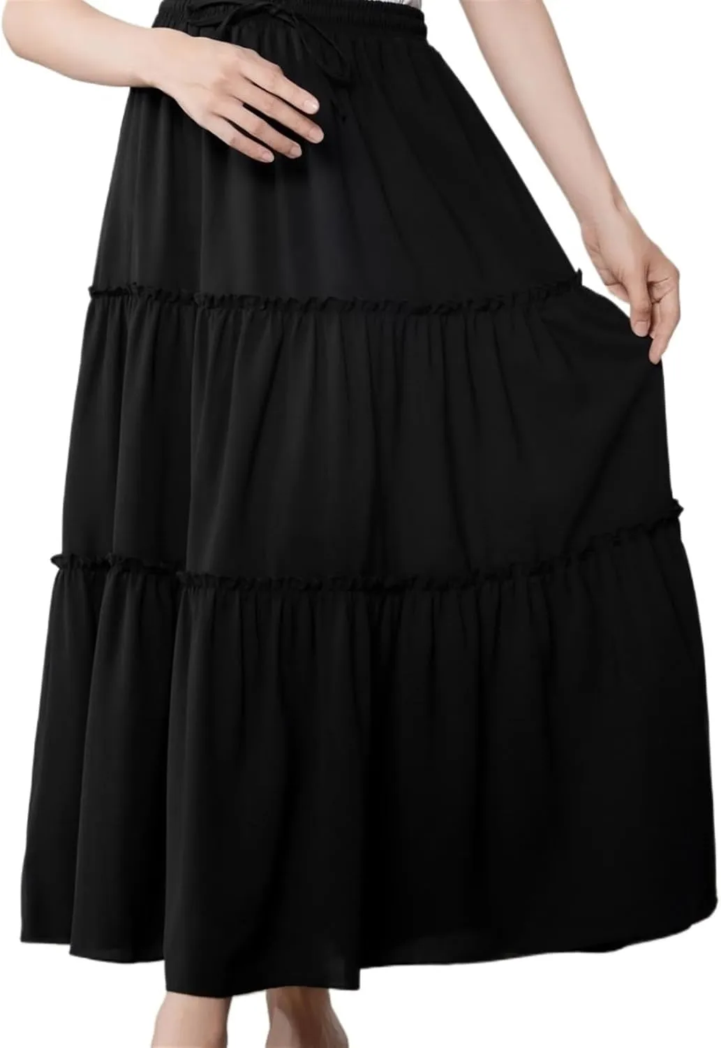 Women's High-Waisted Pleated Long Skirt Patchwork Solid Color Midi Skirt Boho Pleated Elastic Waist with