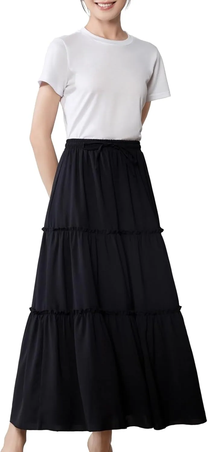 Women's High-Waisted Pleated Long Skirt Patchwork Solid Color Midi Skirt Boho Pleated Elastic Waist with