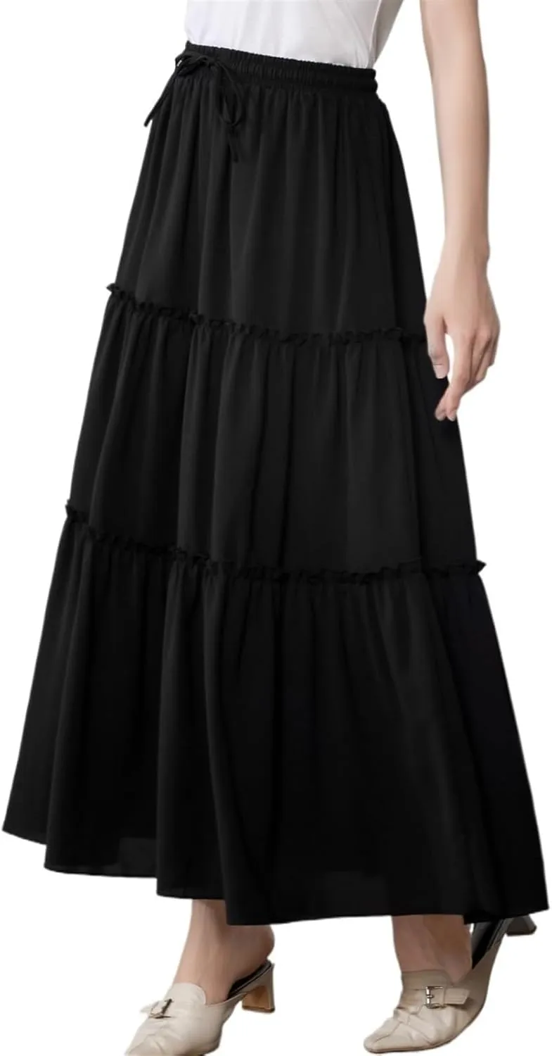 Women's High-Waisted Pleated Long Skirt Patchwork Solid Color Midi Skirt Boho Pleated Elastic Waist with