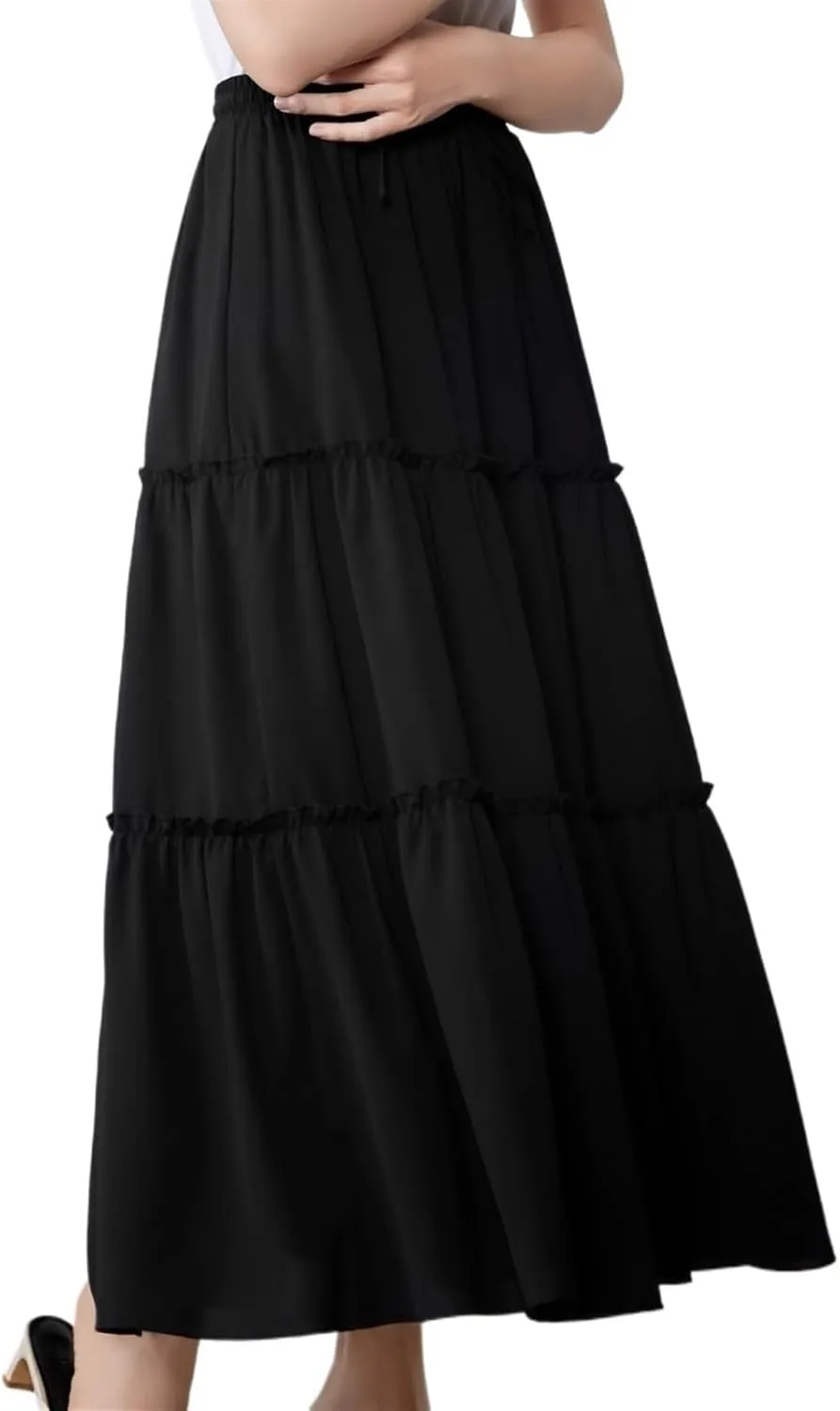 Women's High-Waisted Pleated Long Skirt Patchwork Solid Color Midi Skirt Boho Pleated Elastic Waist with