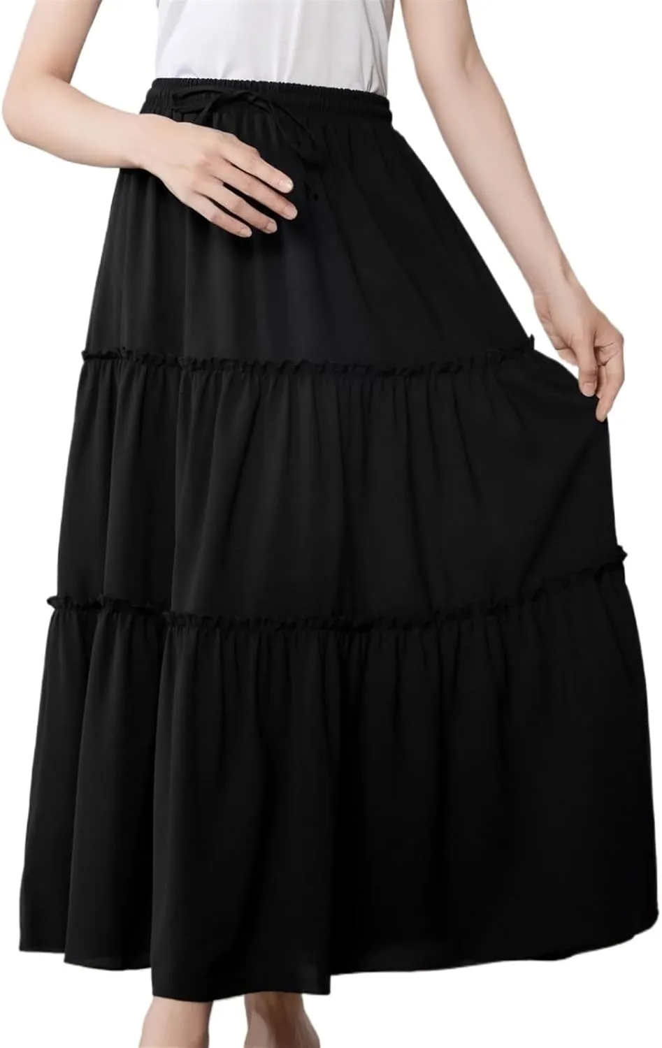 Women's High-Waisted Pleated Long Skirt Patchwork Solid Color Midi Skirt Boho Pleated Elastic Waist with