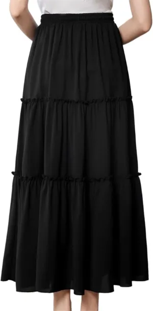 Women's High-Waisted Pleated Long Skirt Patchwork Solid Color Midi Skirt Boho Pleated Elastic Waist with