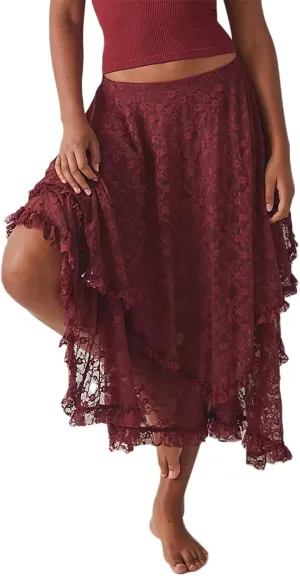 Women's Lace Long Skirt Elastic High Waist Asymmetrical Layered Flowy Maxi Skirt Irregular Hem Beach Boho Skirts