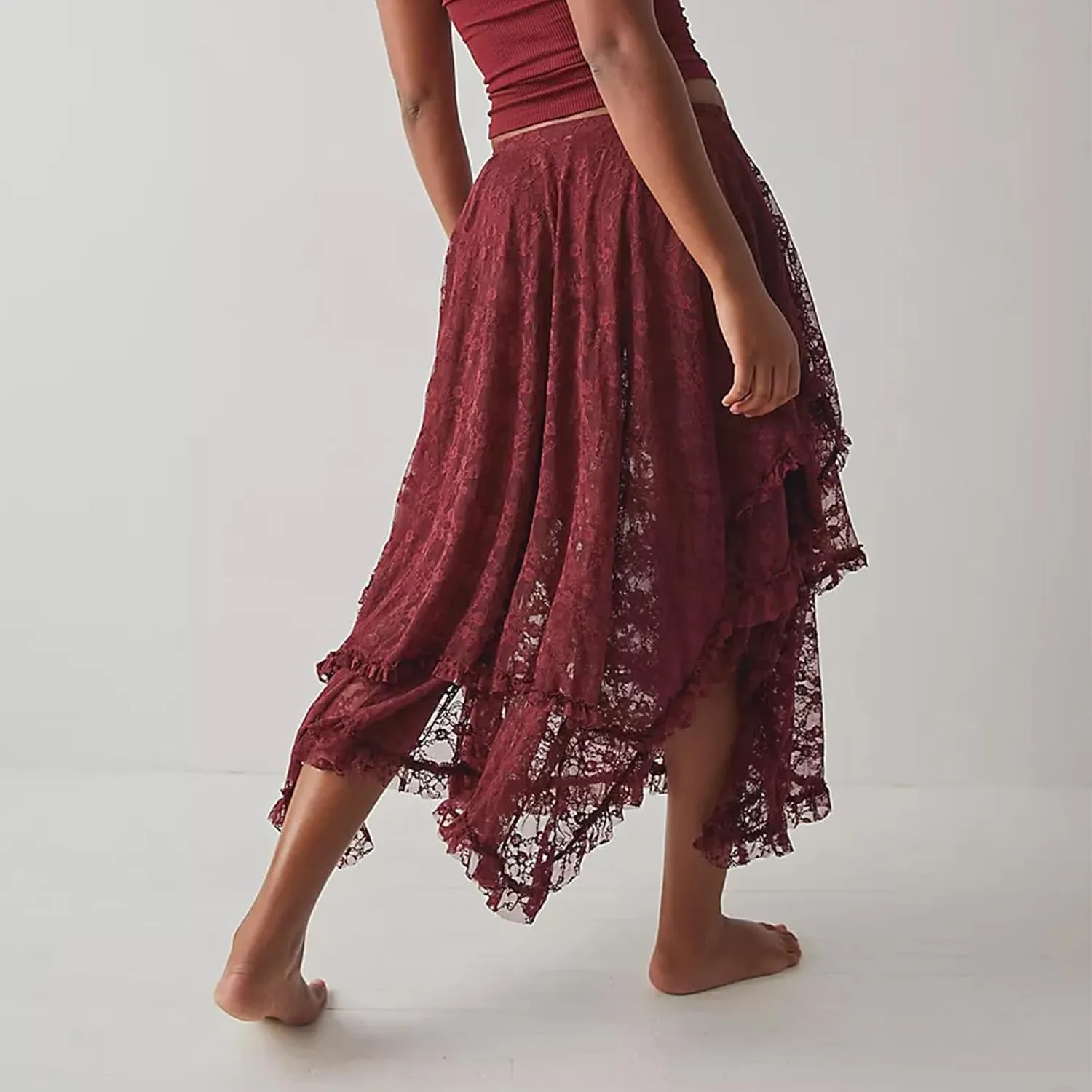 Women's Lace Long Skirt Elastic High Waist Asymmetrical Layered Flowy Maxi Skirt Irregular Hem Beach Boho Skirts