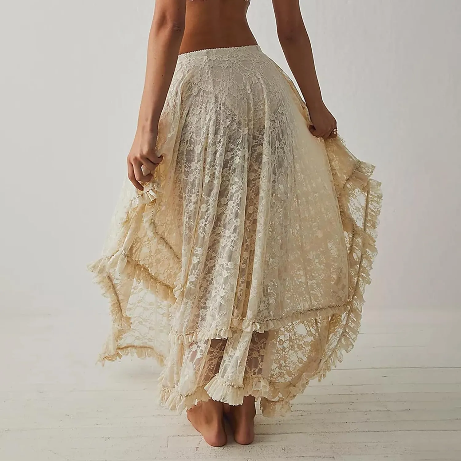 Women's Lace Long Skirt Elastic High Waist Asymmetrical Layered Flowy Maxi Skirt Irregular Hem Beach Boho Skirts