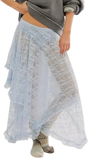 Women's Lace Long Skirt Elastic High Waist Asymmetrical Layered Flowy Maxi Skirt Irregular Hem Beach Boho Skirts