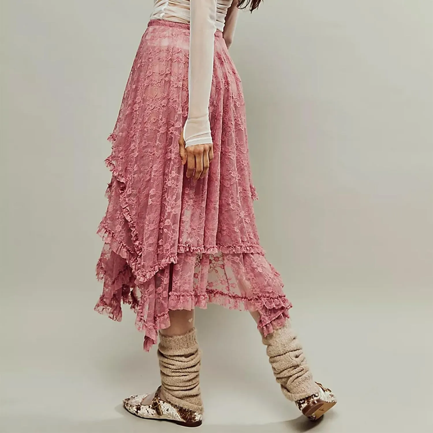 Women's Lace Long Skirt Elastic High Waist Asymmetrical Layered Flowy Maxi Skirt Irregular Hem Beach Boho Skirts