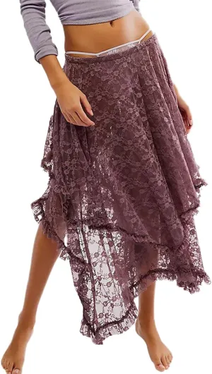 Women's Lace Long Skirt Elastic High Waist Asymmetrical Layered Flowy Maxi Skirt Irregular Hem Beach Boho Skirts