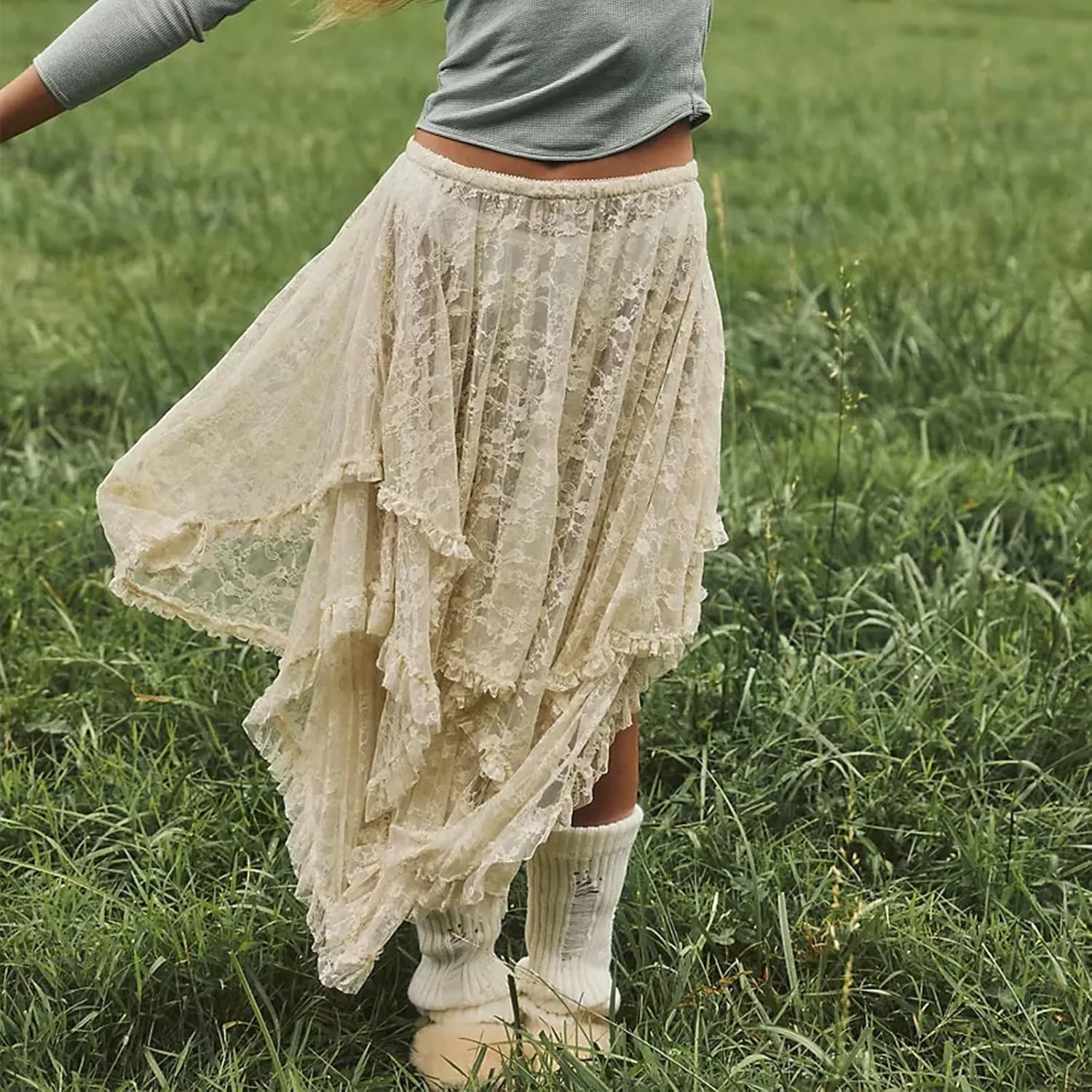 Women's Lace Long Skirt Elastic High Waist Asymmetrical Layered Flowy Maxi Skirt Irregular Hem Beach Boho Skirts