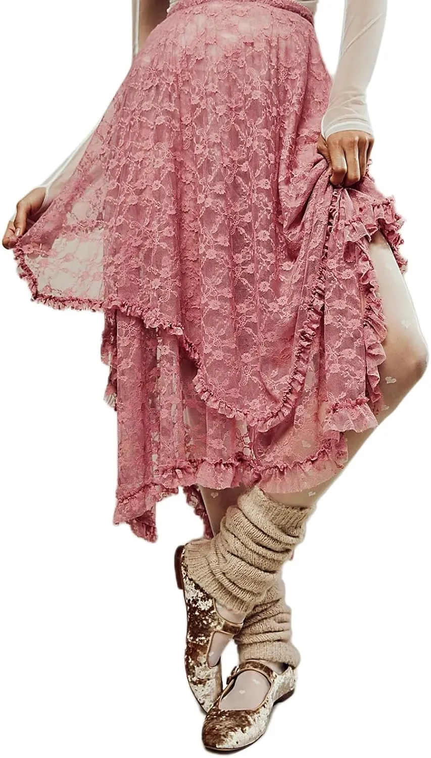 Women's Lace Long Skirt Elastic High Waist Asymmetrical Layered Flowy Maxi Skirt Irregular Hem Beach Boho Skirts