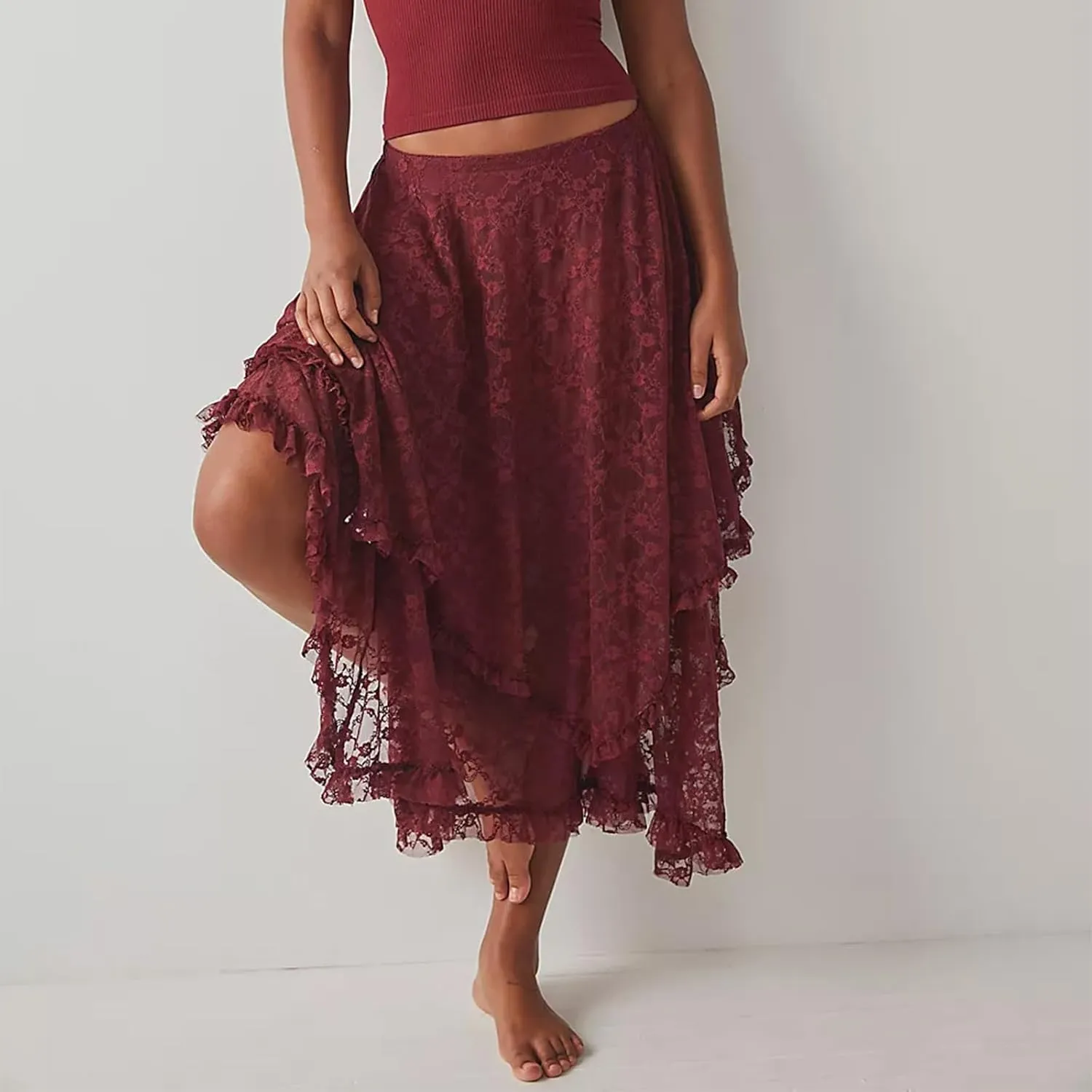 Women's Lace Long Skirt Elastic High Waist Asymmetrical Layered Flowy Maxi Skirt Irregular Hem Beach Boho Skirts
