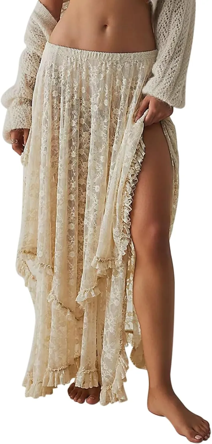 Women's Lace Long Skirt Elastic High Waist Asymmetrical Layered Flowy Maxi Skirt Irregular Hem Beach Boho Skirts