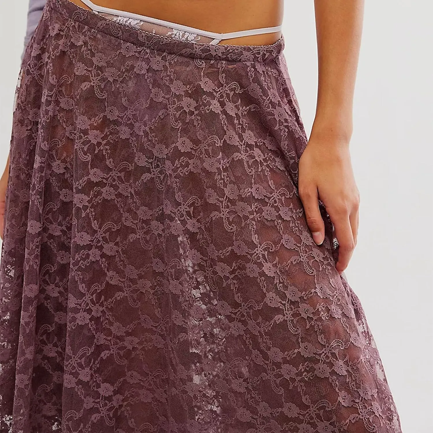 Women's Lace Long Skirt Elastic High Waist Asymmetrical Layered Flowy Maxi Skirt Irregular Hem Beach Boho Skirts