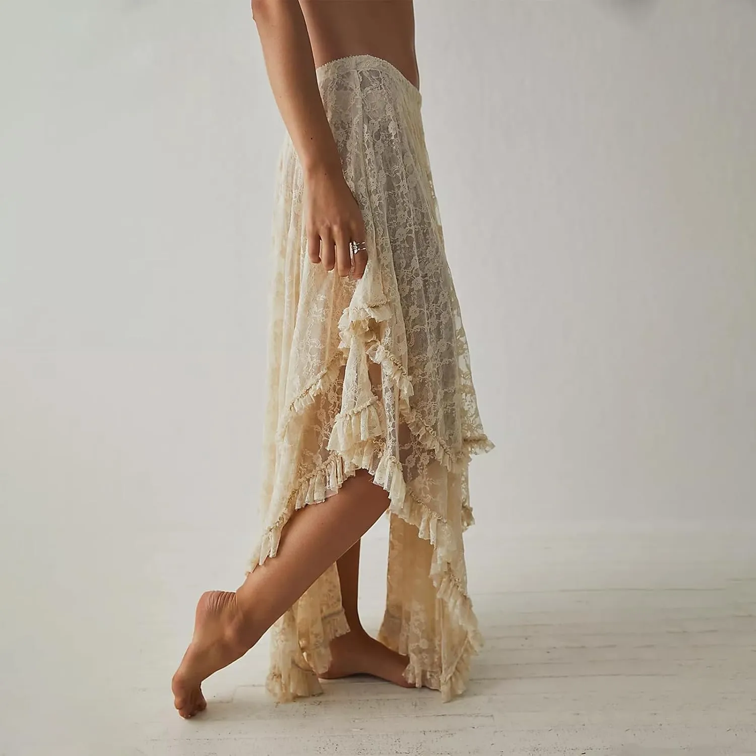 Women's Lace Long Skirt Elastic High Waist Asymmetrical Layered Flowy Maxi Skirt Irregular Hem Beach Boho Skirts