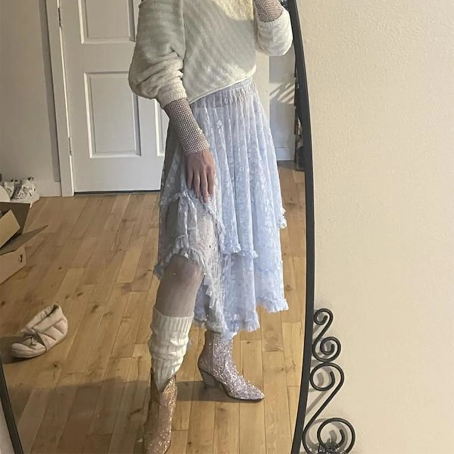 Women's Lace Long Skirt Elastic High Waist Asymmetrical Layered Flowy Maxi Skirt Irregular Hem Beach Boho Skirts