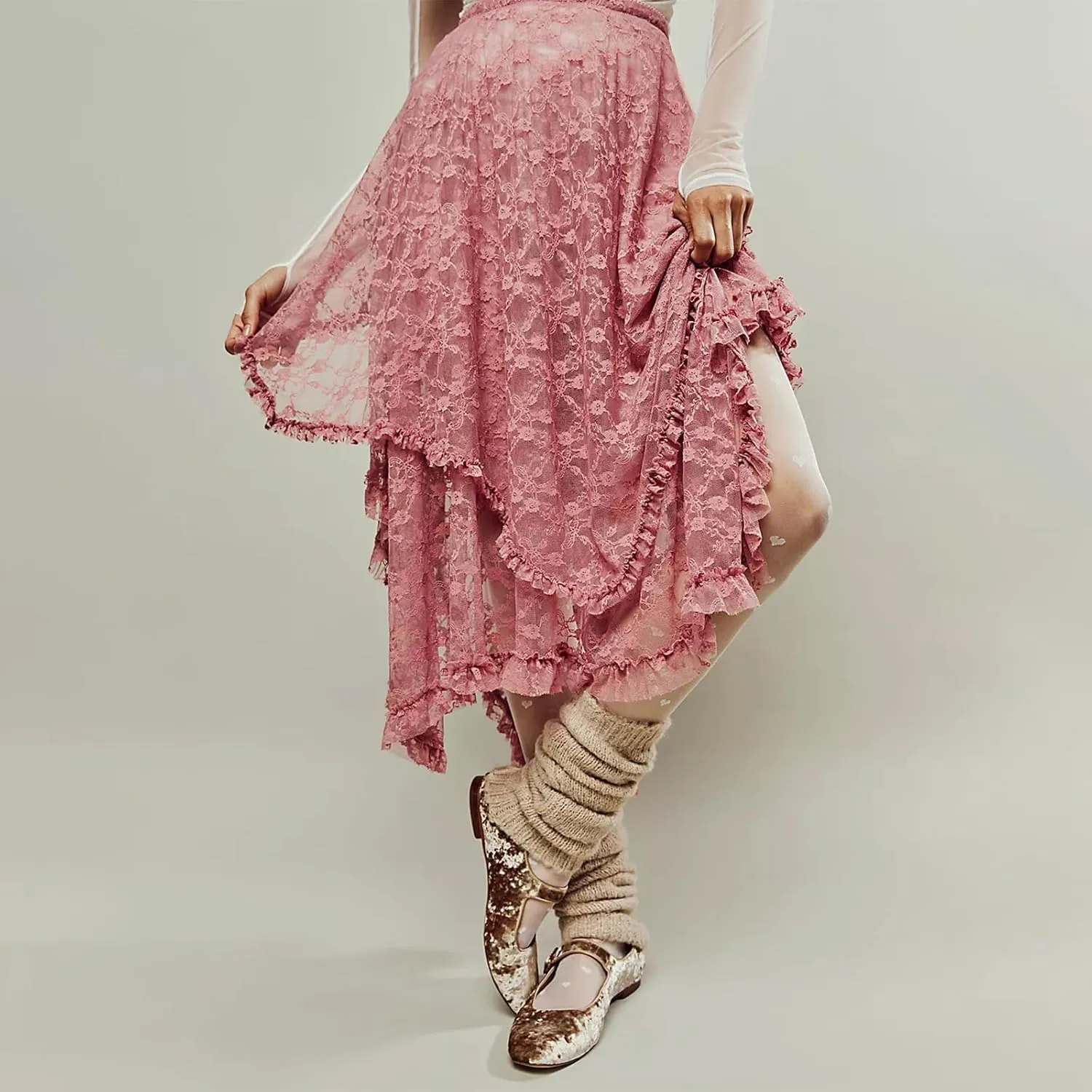 Women's Lace Long Skirt Elastic High Waist Asymmetrical Layered Flowy Maxi Skirt Irregular Hem Beach Boho Skirts