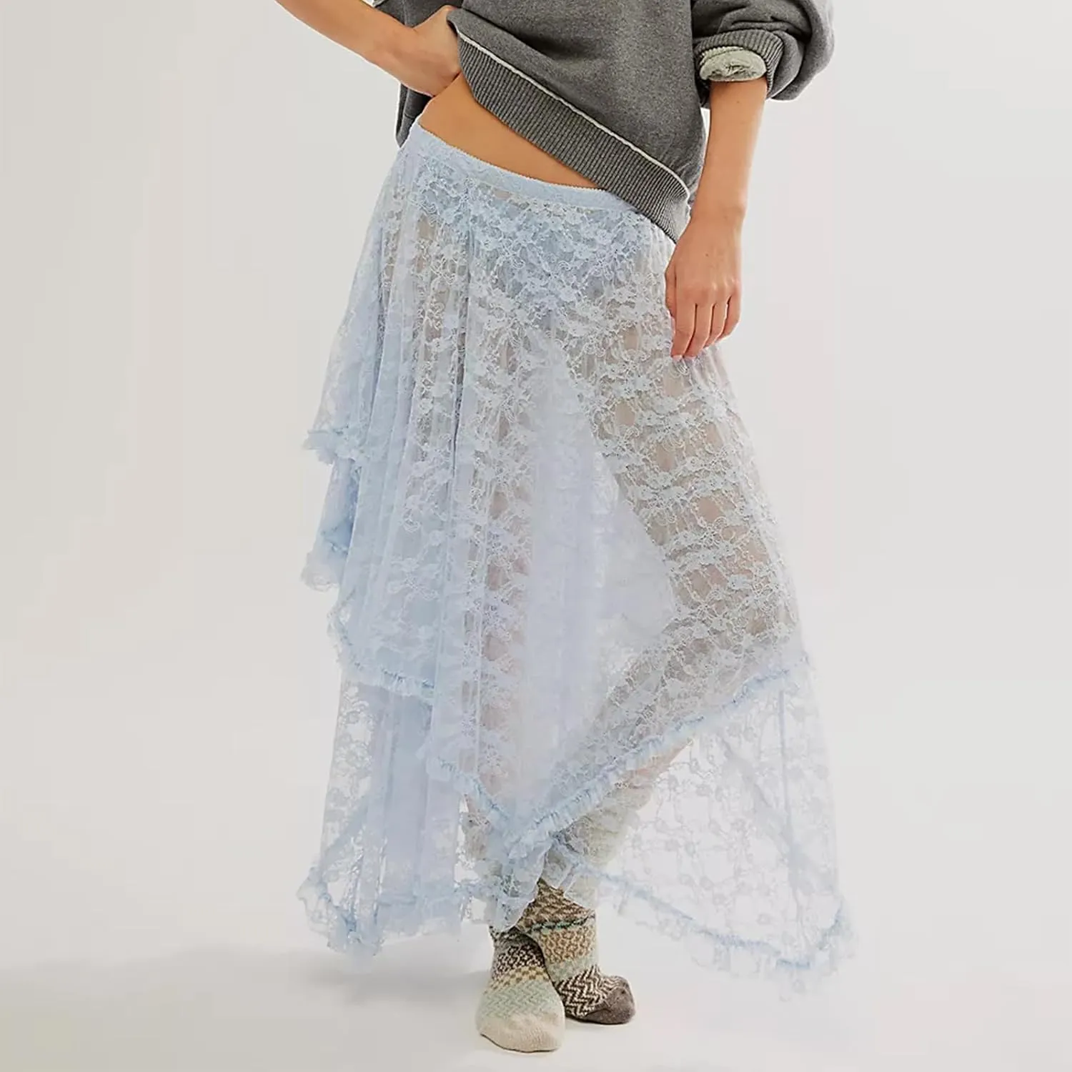 Women's Lace Long Skirt Elastic High Waist Asymmetrical Layered Flowy Maxi Skirt Irregular Hem Beach Boho Skirts