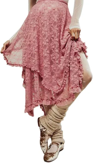 Women's Lace Long Skirt Elastic High Waist Asymmetrical Layered Flowy Maxi Skirt Irregular Hem Beach Boho Skirts