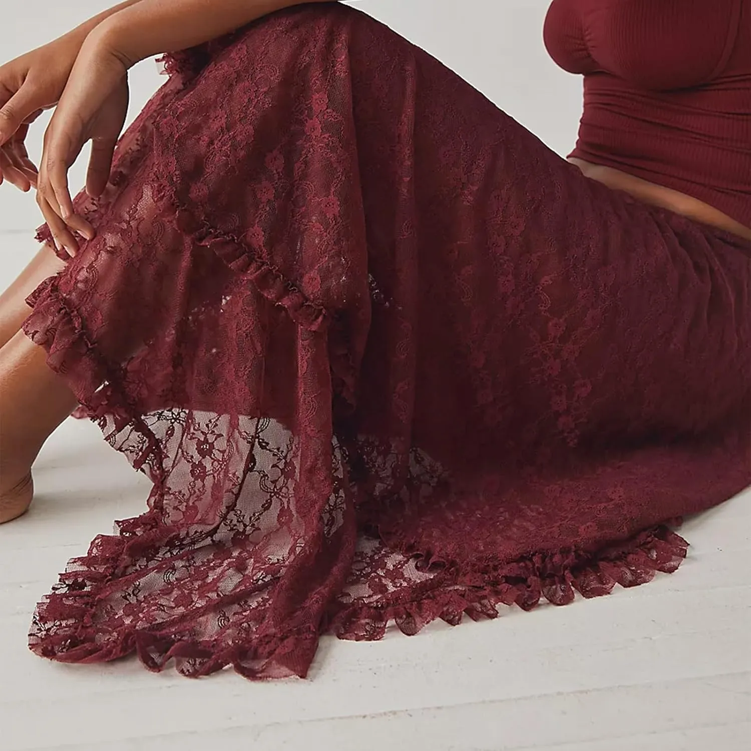 Women's Lace Long Skirt Elastic High Waist Asymmetrical Layered Flowy Maxi Skirt Irregular Hem Beach Boho Skirts