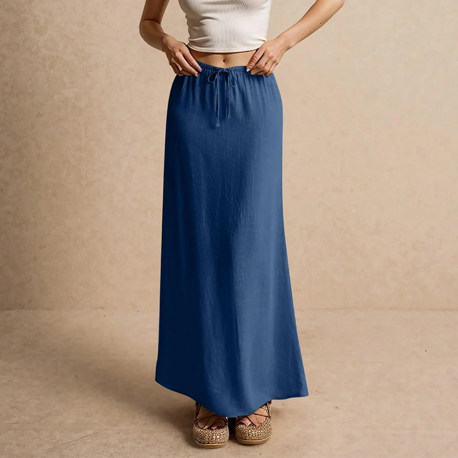 Womens Linen Maxi Skirt Drawstring Waist A Line Long Flowy Floor Length Trendy Comfy Summer Beach Vacation